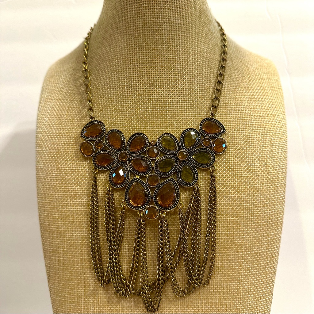 Sparking Sage Statement Necklace, Antique Gold W/ Multicolor Acrylic Jewels